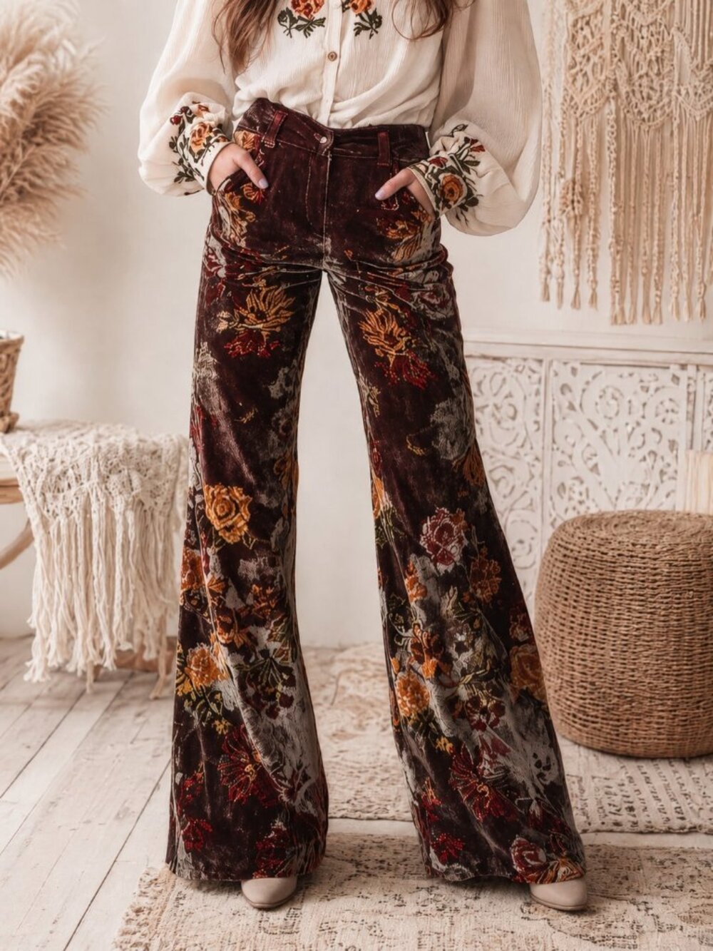 Brown Boho Women's Regular High Waist Long Velvet Flare Pants